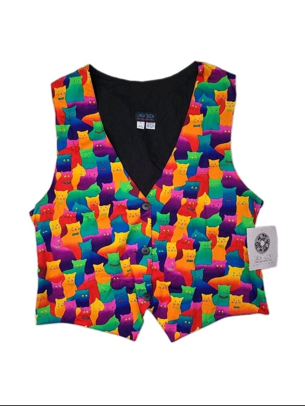 Vintage NWT Linda Tilson Cat All Over Kitty Cats Colorful Button Up Vest Sz L